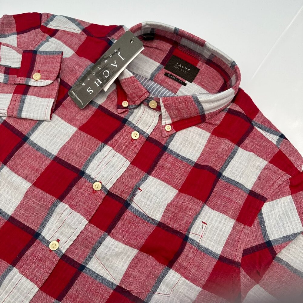 Jachs New York Men's Oversize Plaid Stretch Double Face Shirt, Size Med, Red